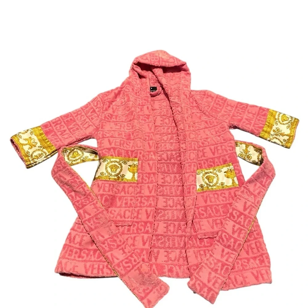 Versace Kids Coral Hooded Pajama Robe with Gold Baroque Trim, pre-owned